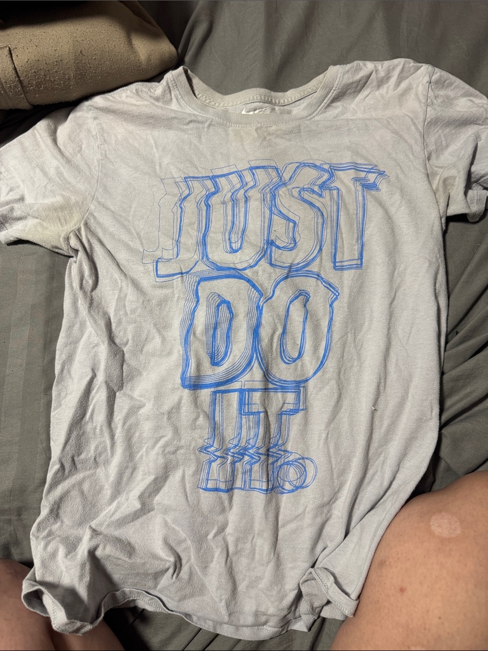 Nike Light Gray Short-Sleeve Tee with Blue 'Just Do It' Graphic